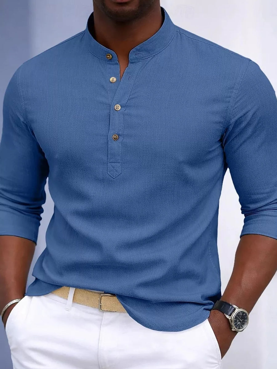 Blue cotton blend men's shirt with button detail and mandarin collar