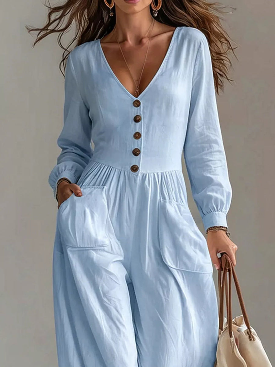 V-neck Long Sleeve Wide Leg Jumpsuit in Tan with pocketed
