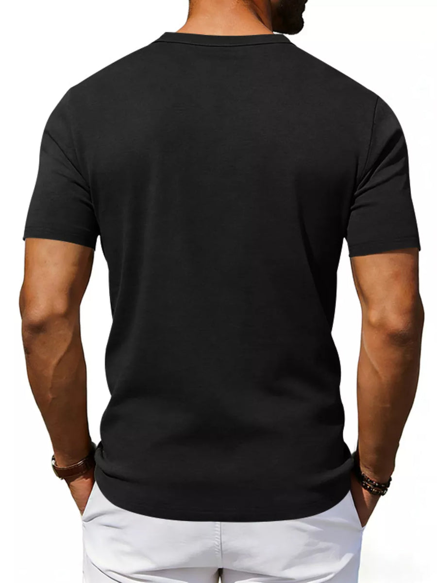 Black short sleeve men's t-shirt with crew neck and pocket detail