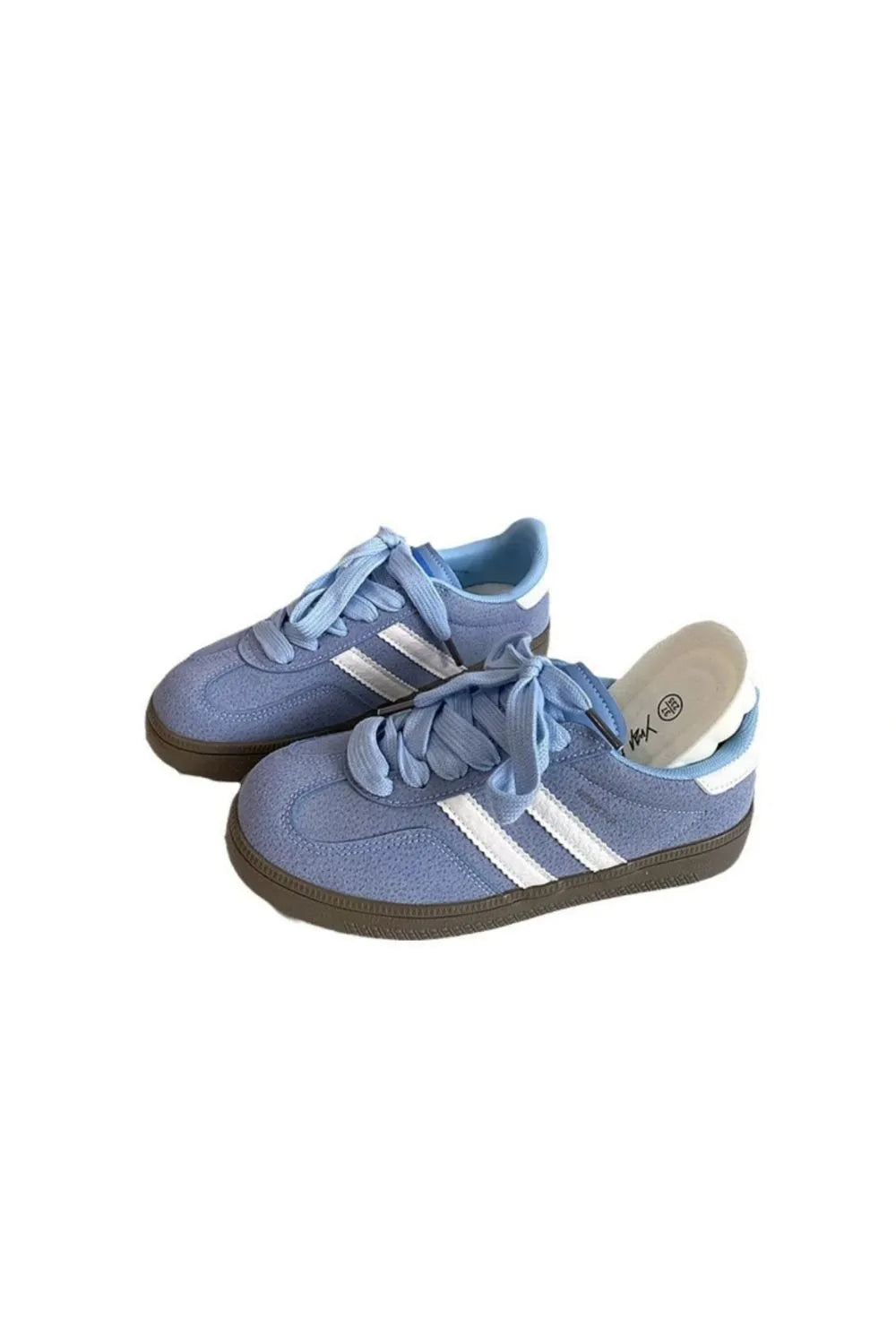 Retro suede trainers in pastel blue with white signature stripes and gum sole