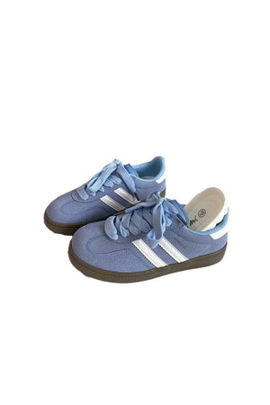 Retro suede trainers in pastel blue with white signature stripes and gum sole