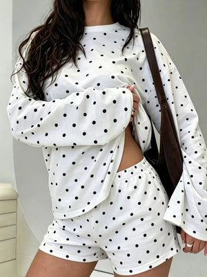 white pajama set with polka dot and crew neck