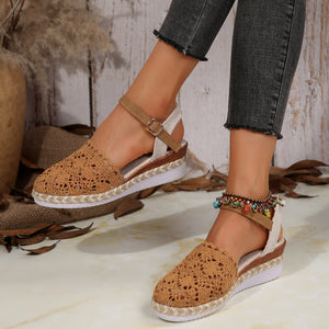 Brown crochet espadrille sandals with ankle strap and beaded detail.