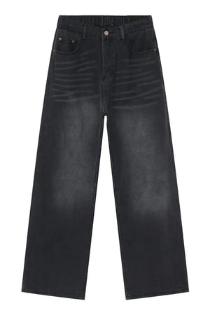 Dark Gray wide leg denim jeans with whiskering detail and elastic waistband.