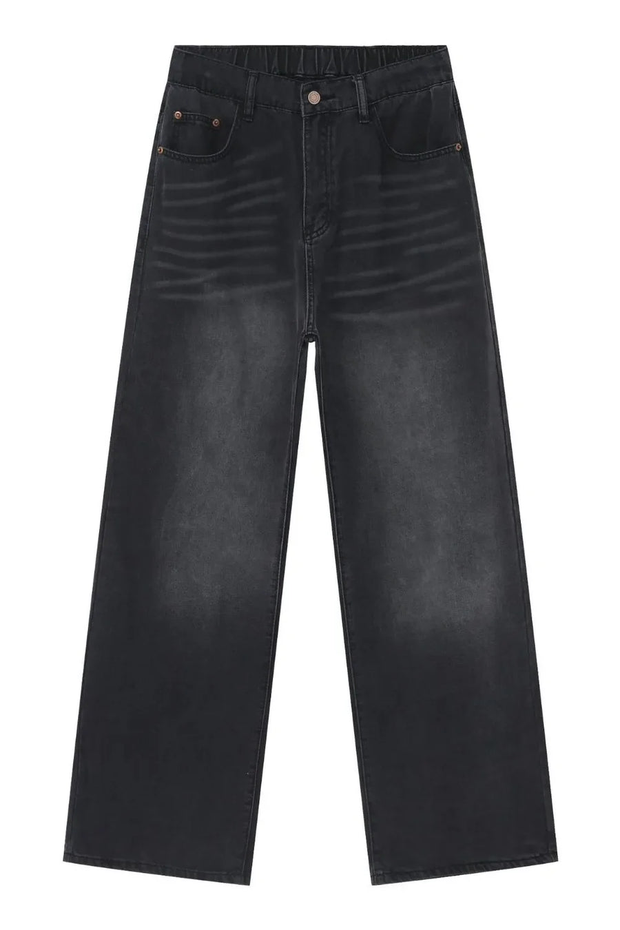 Dark Gray wide leg denim jeans with whiskering detail and elastic waistband.
