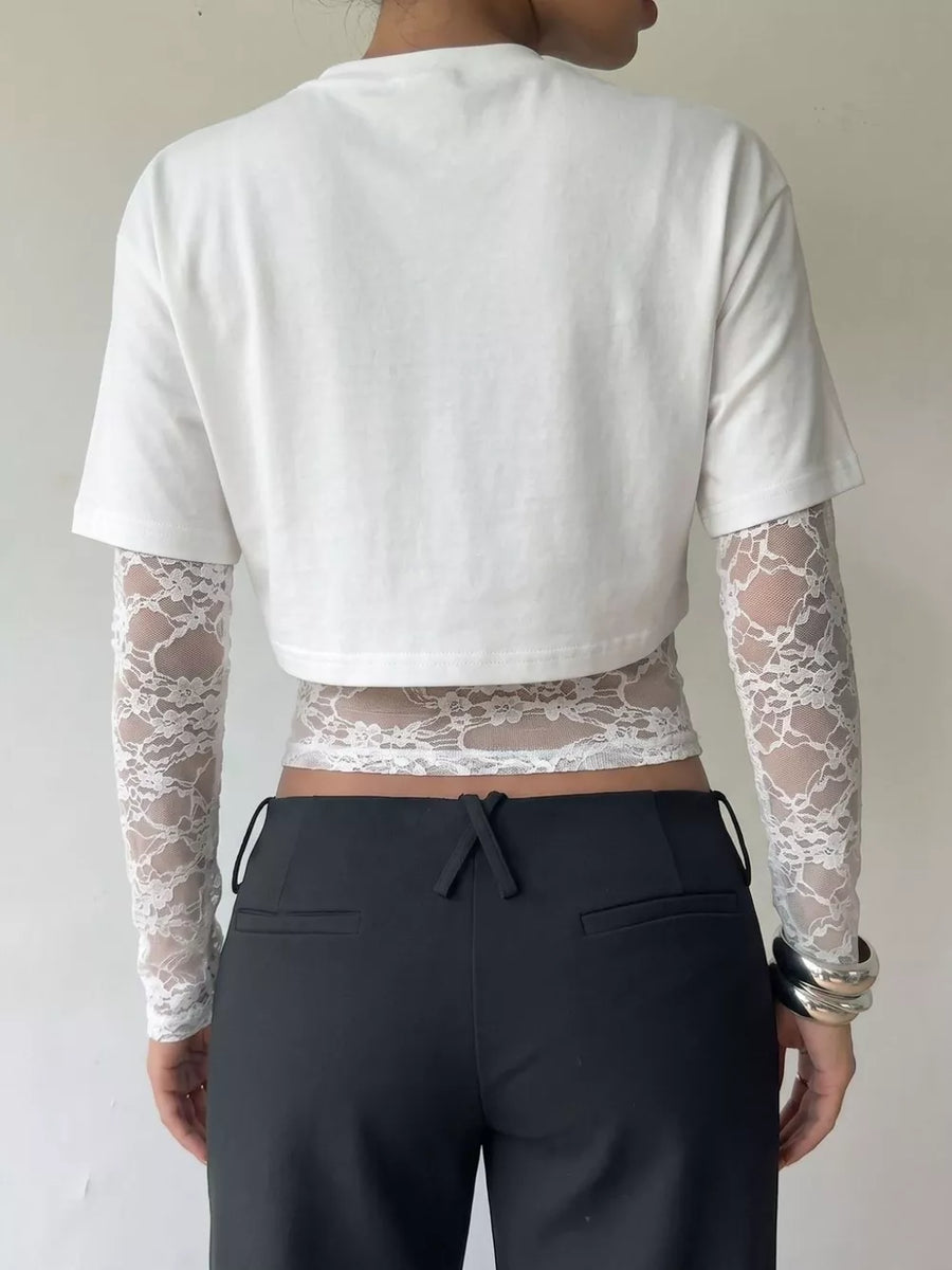 Black with Lace Patchwork Short Sleeve T-shirt in Black