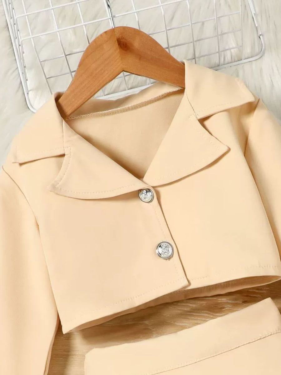 Khaki toddler blazer with decorative buttons, part of a three-piece cami set.