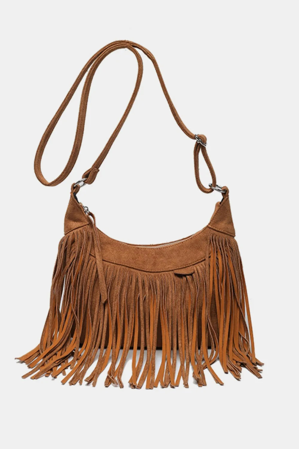 Bohemian suede crescent crossbody bag with fringe detail in caramel.