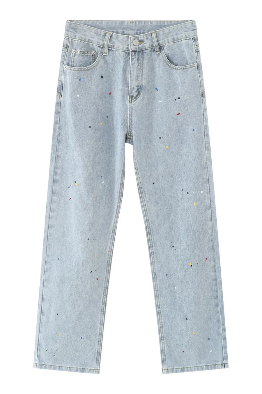 Light wash denim slouch trousers with colorful paint splatters and a straight leg cut.
