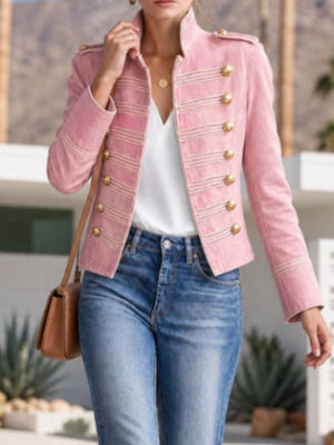 95% polyester, 5% elastane Care instructions: Machine wash cold denim jacket in Dusty Pink with fitted silhouette