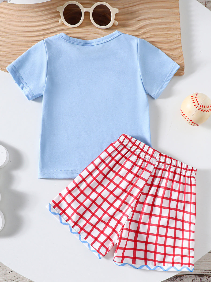 Baby boys light blue cotton t-shirt with red and white checkered shorts set