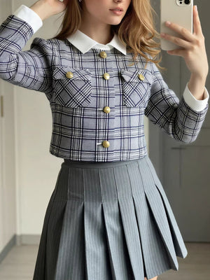navy blue blazer with plaid and collared