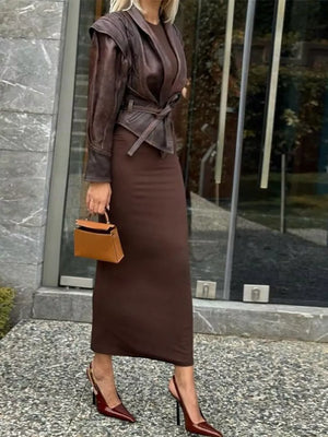 Brown Belted Leather Jacket With Shawl Collar