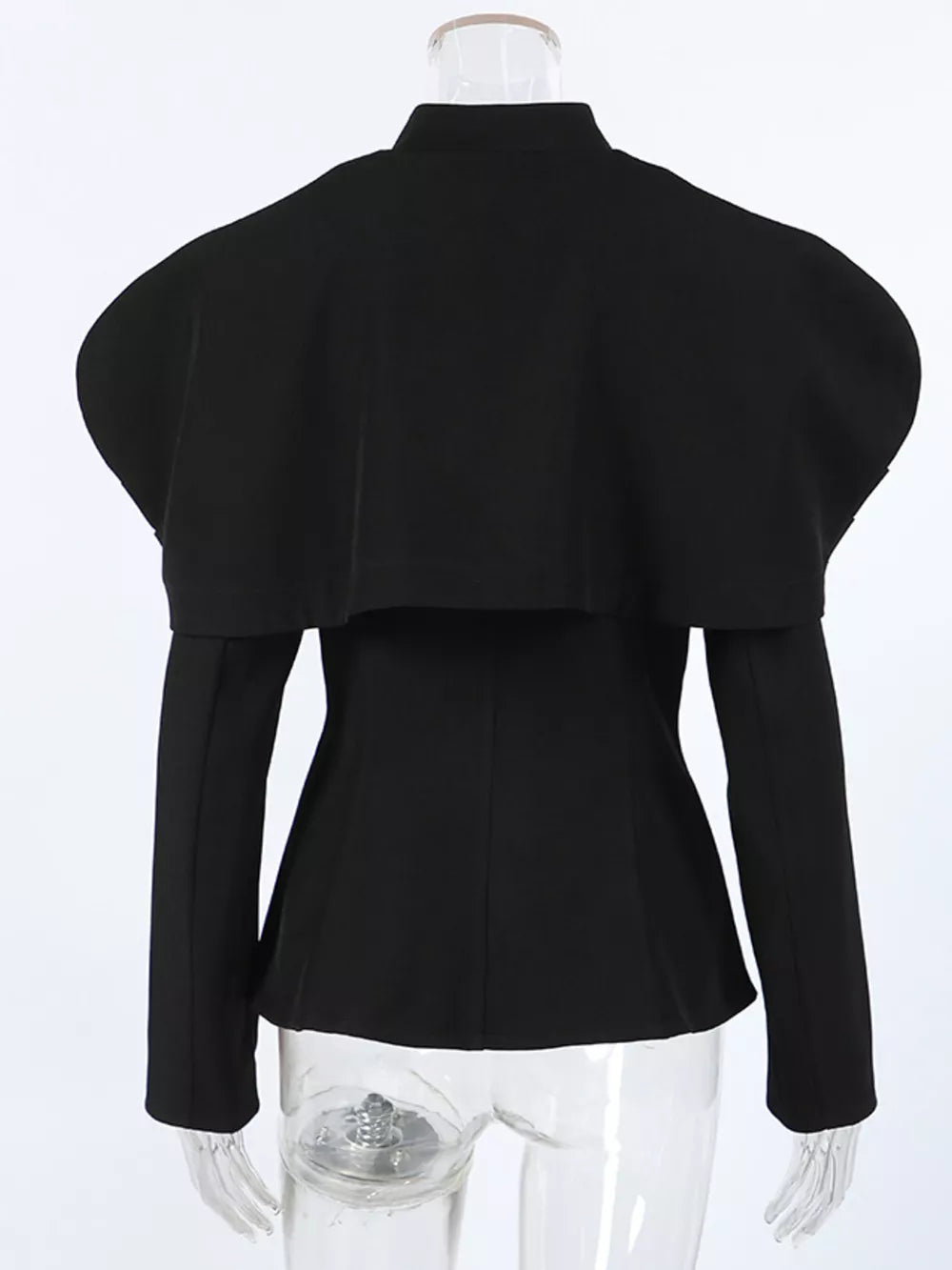 blazer in black with cape overlay and hip-length