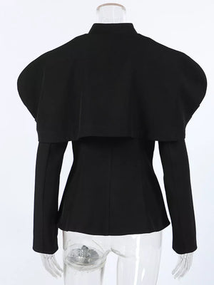 blazer in black with cape overlay and hip-length
