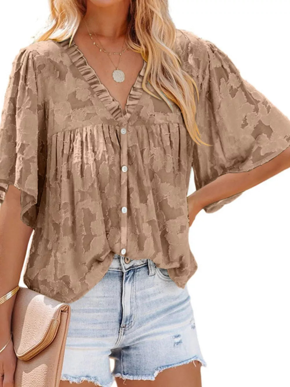 Brown textured V-neck button-down blouse with ruffled detail and flutter sleeves.