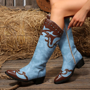 boots in light blue with studded and mid-calf