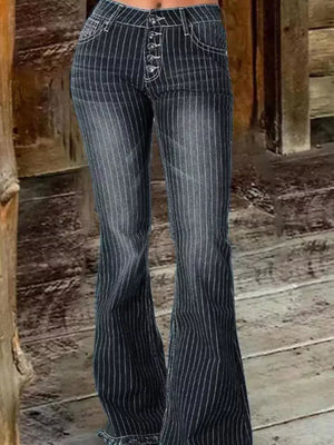 Black pinstripe denim maternity flare jeans with button fly