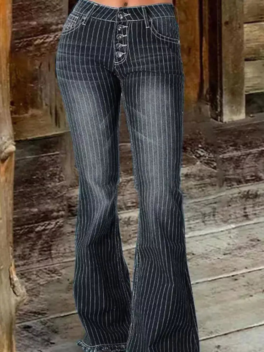 Black pinstripe denim maternity flare jeans with button fly