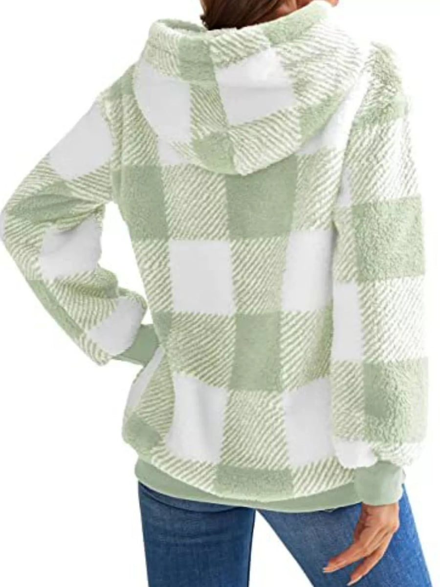 Green and white plaid sherpa drawstring hoodie with fuzzy texture.