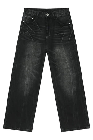 Wide-leg distressed denim jeans in dark vintage wash with a relaxed fit.