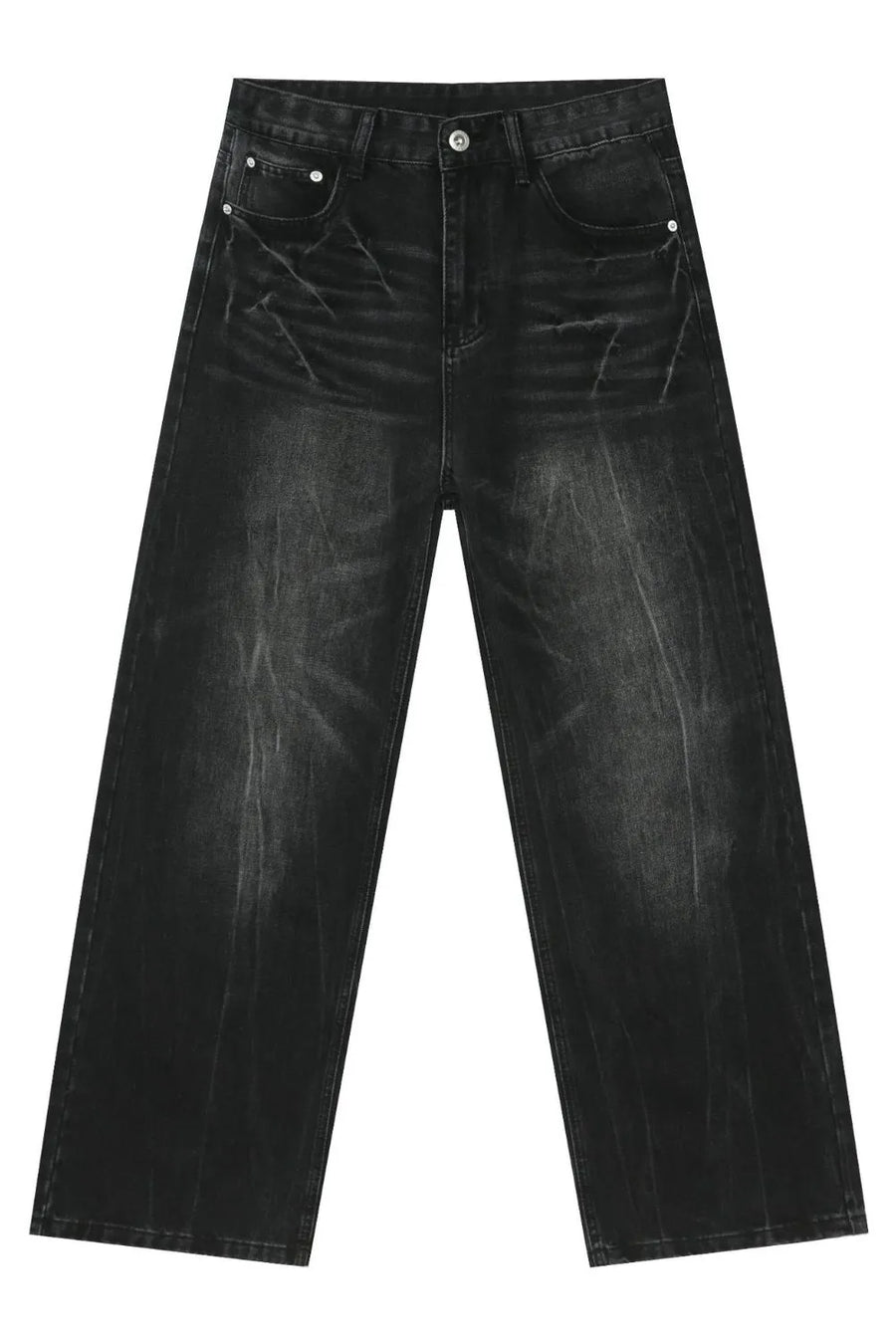 Wide-leg distressed denim jeans in dark vintage wash with a relaxed fit.