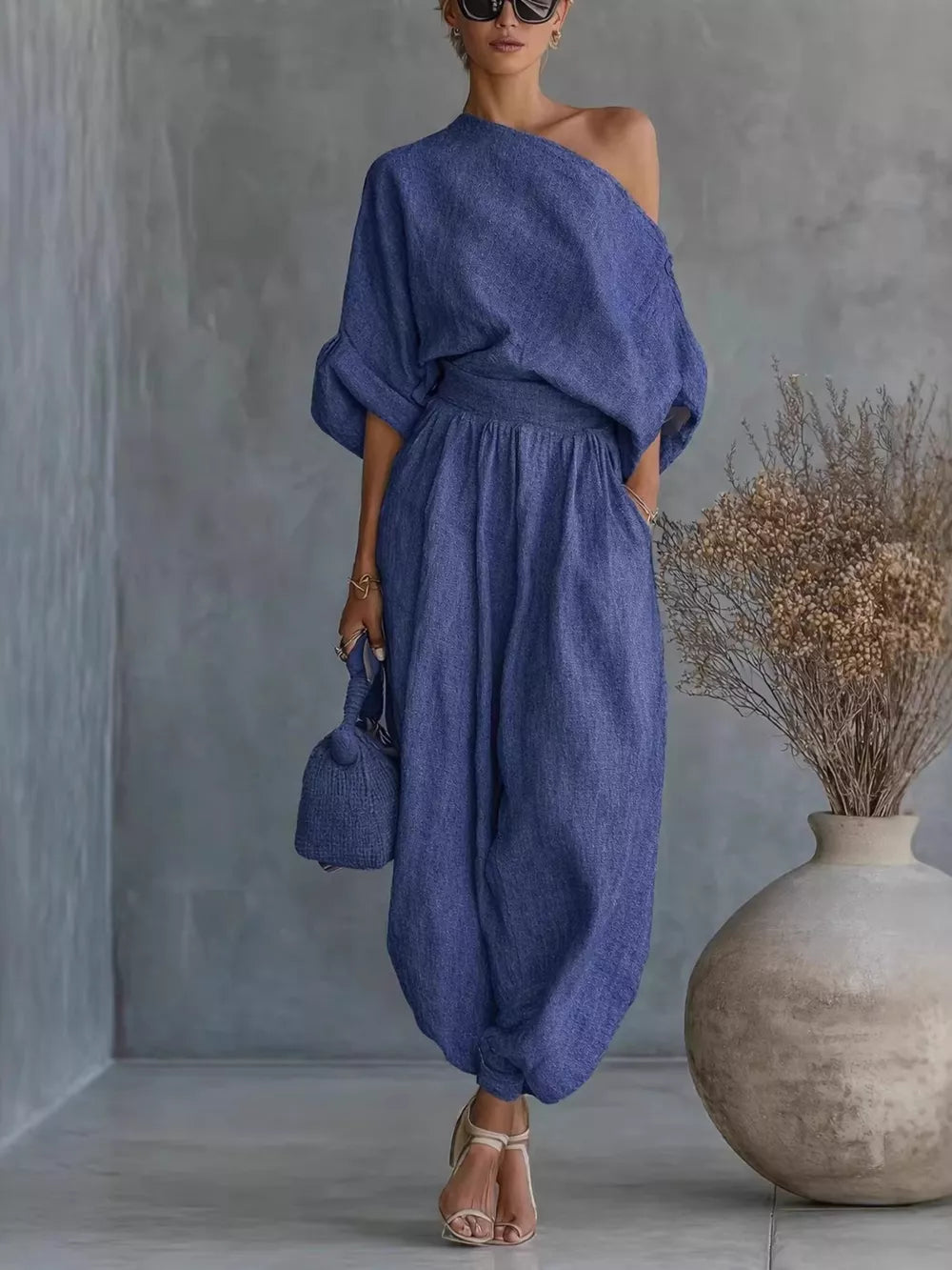 Blue One-shoulder Top And Joggers Set