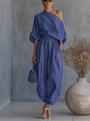 Blue One-shoulder Top And Joggers Set