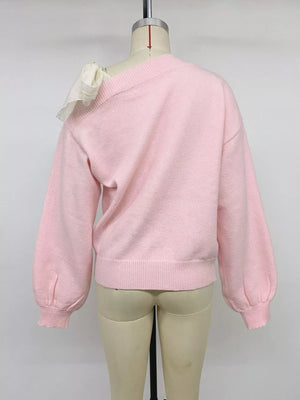 One Shoulder Bow Detail Sweater in Pink, view 12