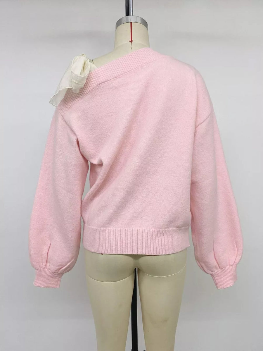 One Shoulder Bow Detail Sweater in Pink, view 12