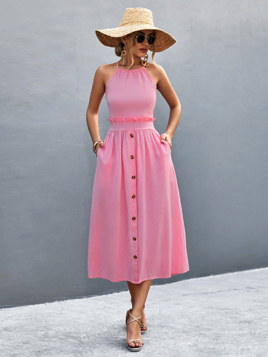 Pink button-down midi dress with halter neck and ruffled waist detail.