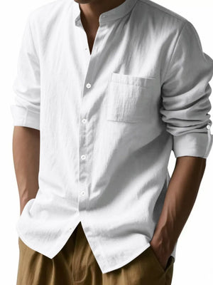 White linen relaxed fit shirt with mandarin collar and chest pocket.