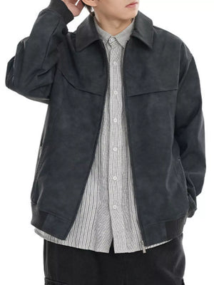 Plus-size gray drop shoulder bomber jacket with a collared neckline and zip closure.