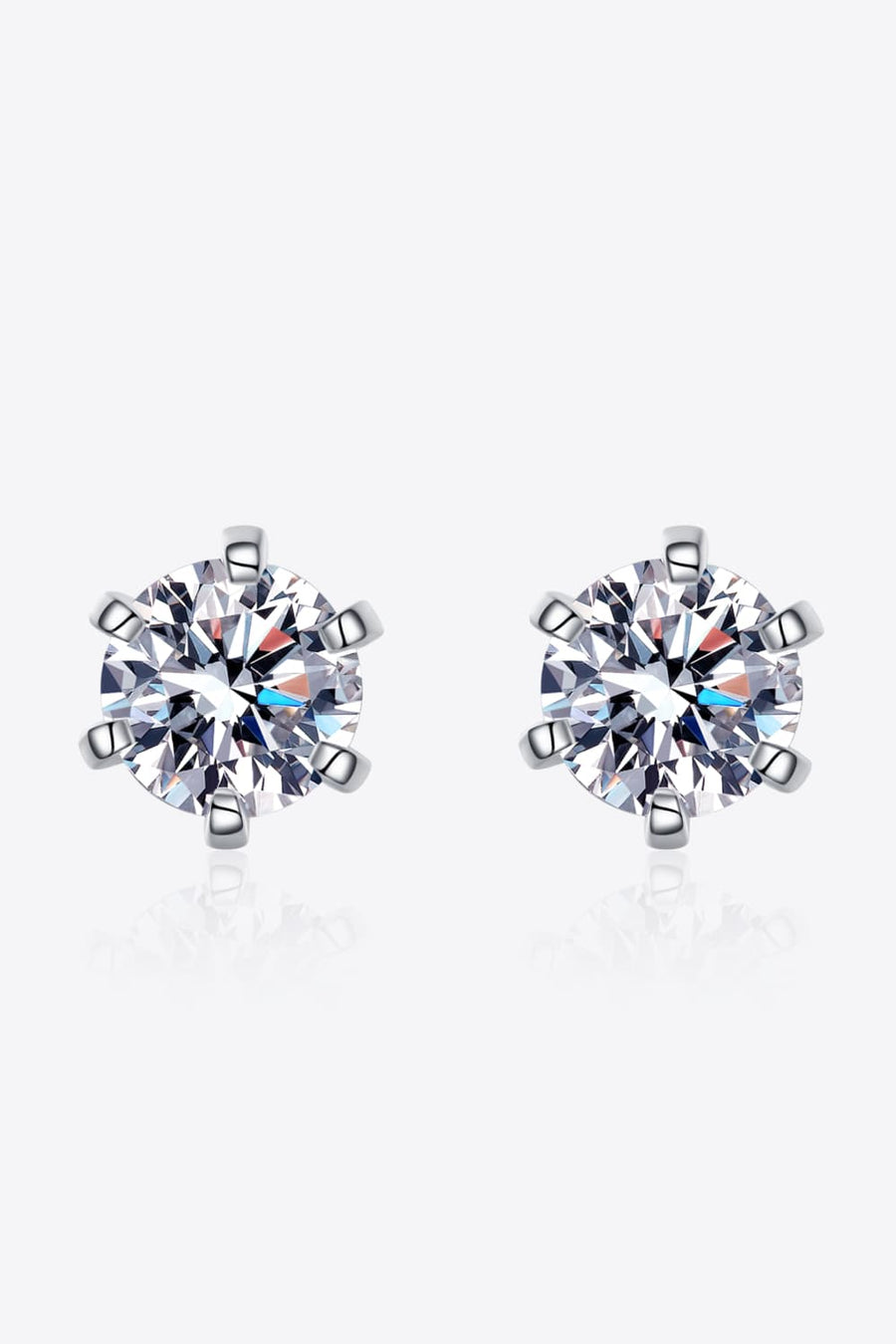 Silver six-prong solitaire stud earrings with clear cubic zirconia gems