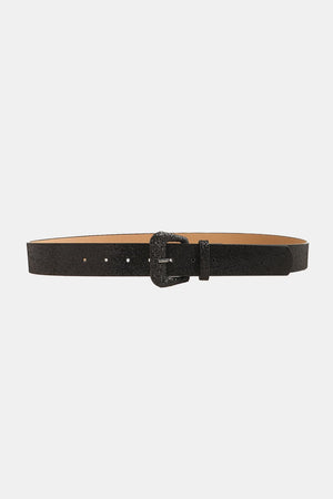 Black glitter belt with a square buckle and subtle sparkle detail