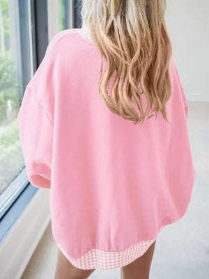 Gingham Trim Dropped Shoulder Sweatshirt in Scarlet with dropped shoulder