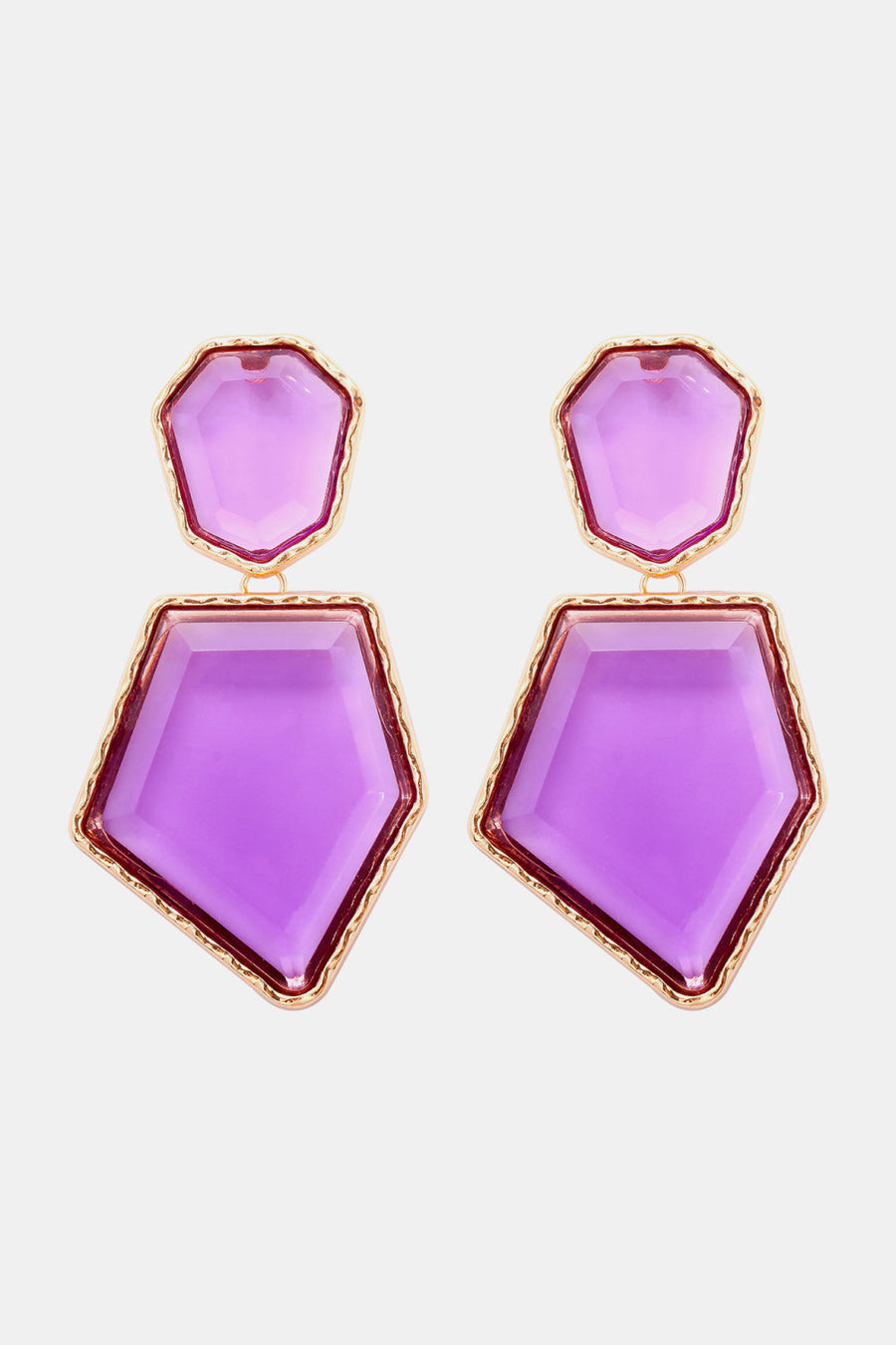 Resin facet drop earrings with gold trim in purple and light purple.