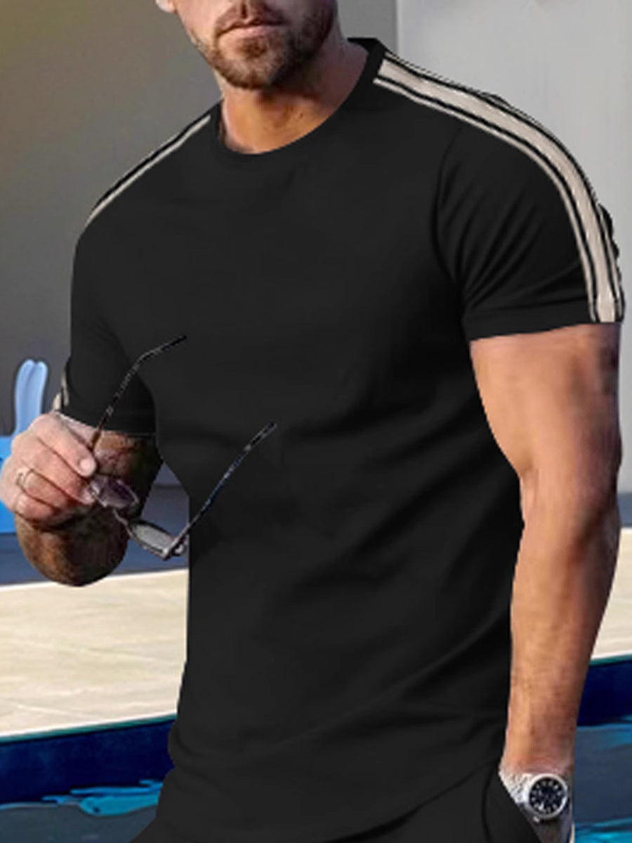 Men's black crew neck t-shirt with striped shoulders, cotton, casual athletic style.