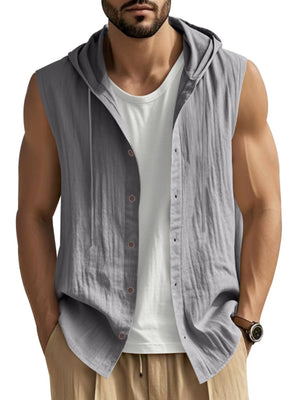 Grey casual sleeveless hooded men's shirt with button front, worn over a white undershirt.