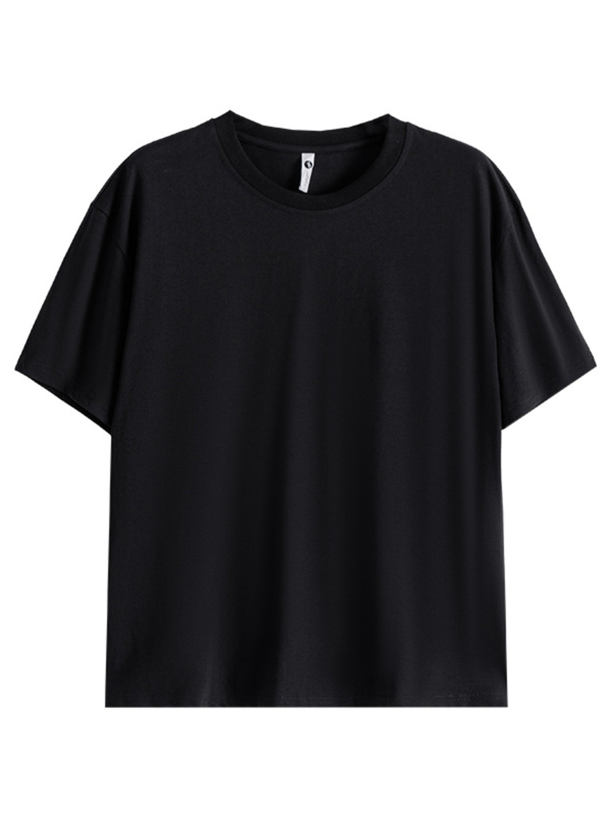 Black cotton crew neck t-shirt with short sleeves and a relaxed fit.