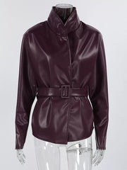 leather jacket in burgundy with belted and hip-length
