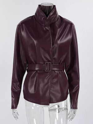 leather jacket in burgundy with belted and hip-length