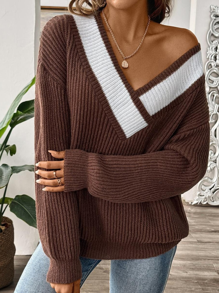 v-neck sweater in chocolate brown with color-block and ribbed