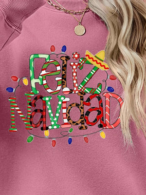 Feliz Navidad graphic raglan sweatshirt in Blush Pink with festive lights and sombrero detail.