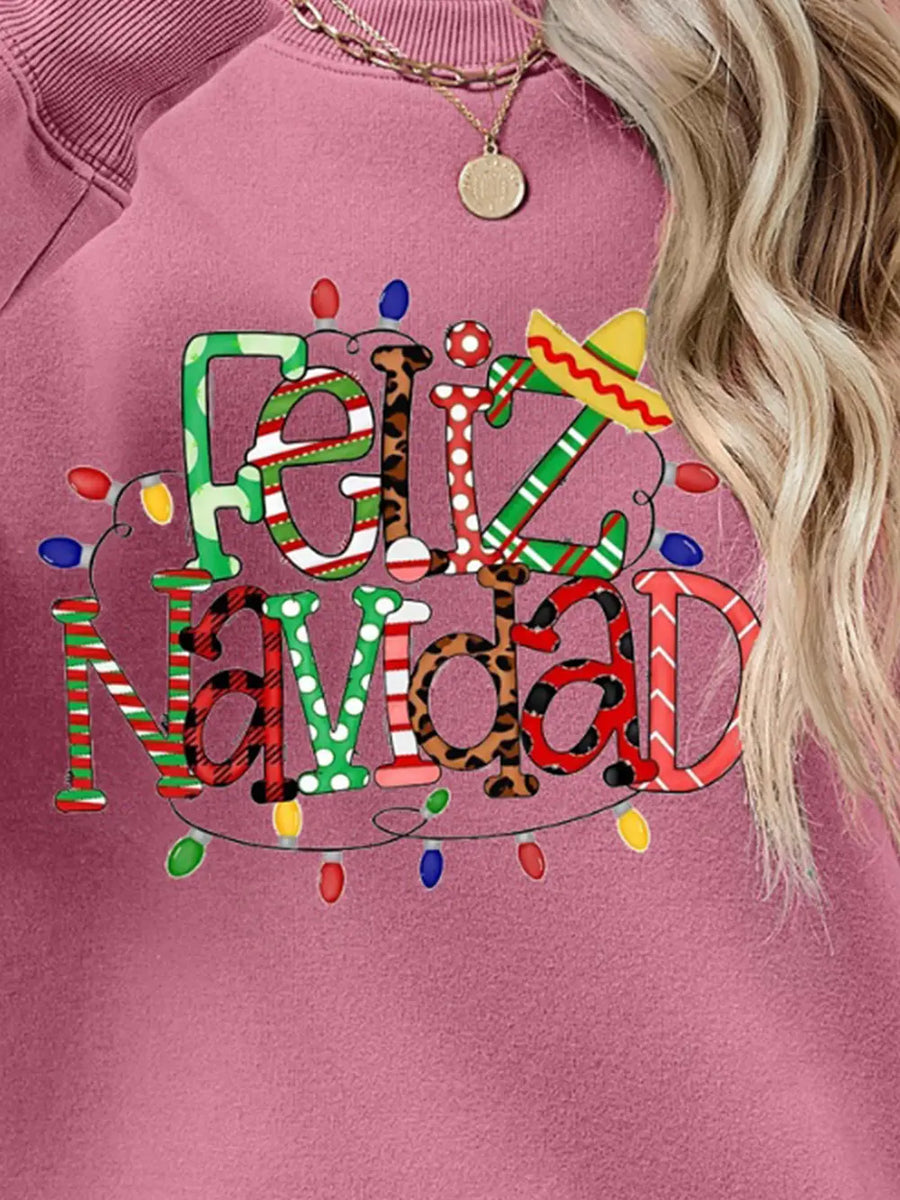 Feliz Navidad graphic raglan sweatshirt in Blush Pink with festive lights and sombrero detail.