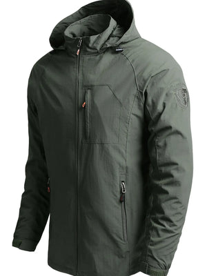Men's Army Green lightweight hooded windbreaker jacket with zip pockets and chest pocket detail.
