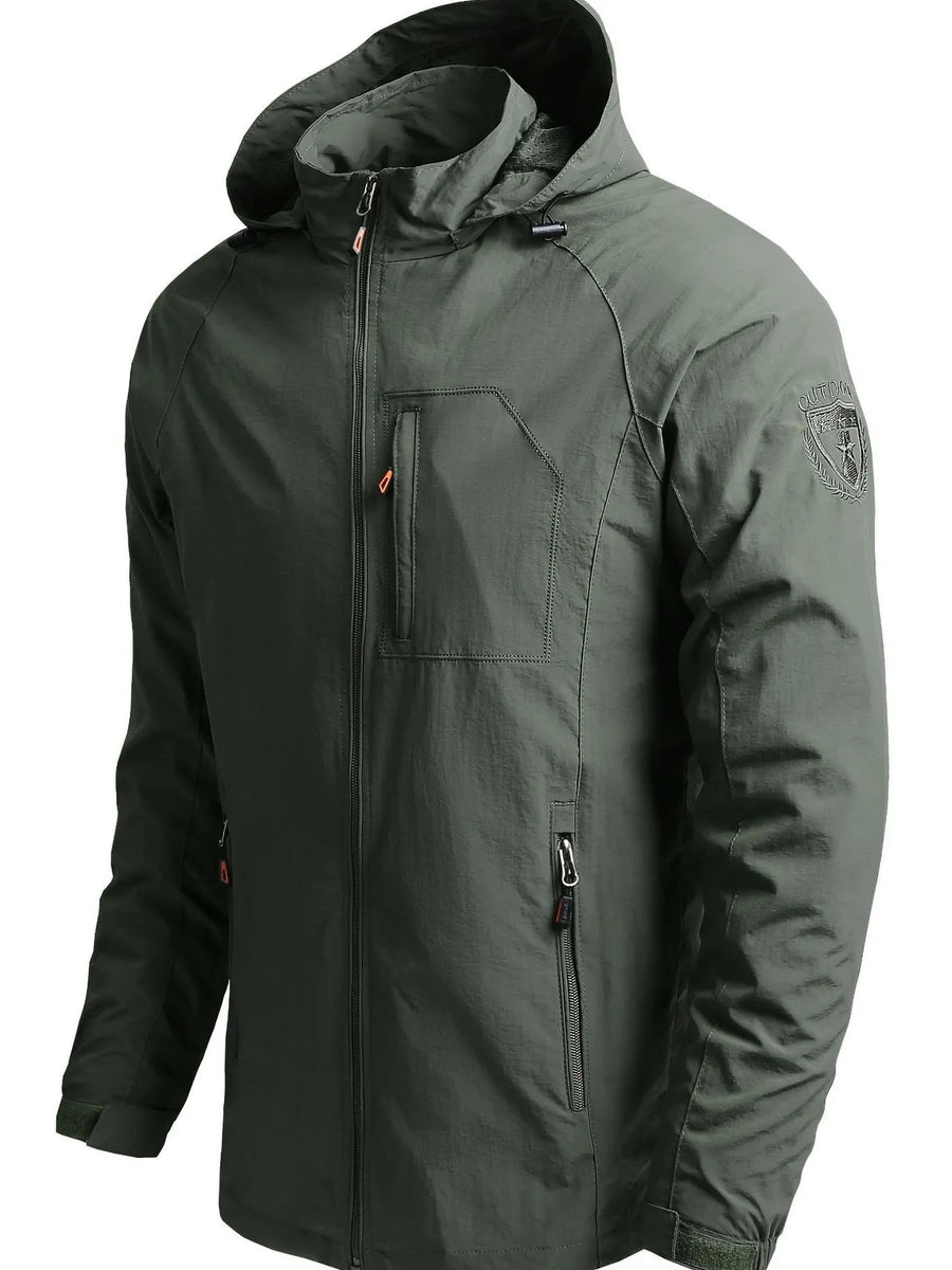 Men's Army Green lightweight hooded windbreaker jacket with zip pockets and chest pocket detail.