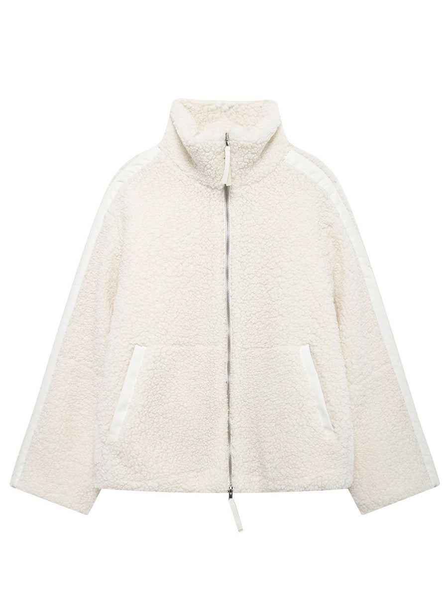 White teddy fleece zip-up jacket with contrast piping and high collar.