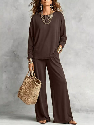 Brown two-piece set with hip-length top, full-length pants and pullover, elastic waist