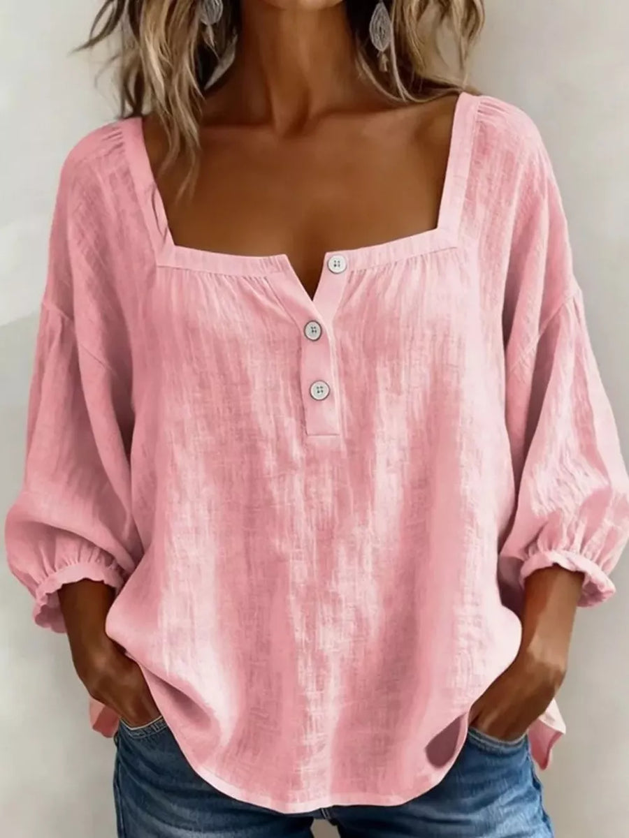 Grey Full Size Square Neck Button Detail Blouse